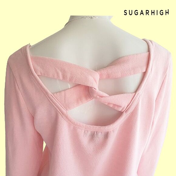 SUGAR HIGH NEW Coquettecore Floral Logo Twisted Band Open Back Sweat Top M - Picture 9 of 12